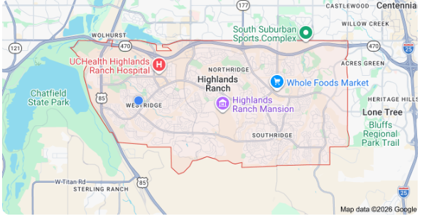 Plumbing service area map of Highlands Ranch, CO by The Plumbing Source